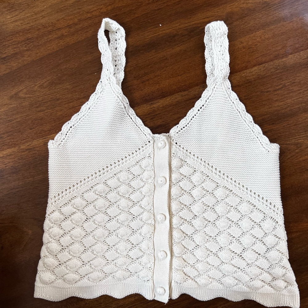 Sfera Casual White Knit Cotton Crochet Boho Peasant Cottage Tank Top size Small